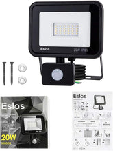Eslos LED flood light with motion sensor, packaging, and installation parts on a white background